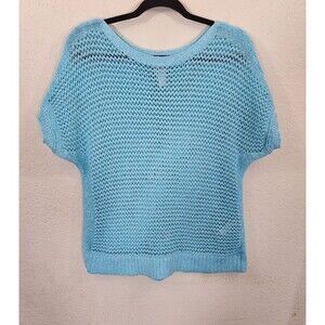 Chicos 2P Petite Aqua Blue Open Knit Crochet Sweater Top Short Sleeve Cotton Mix